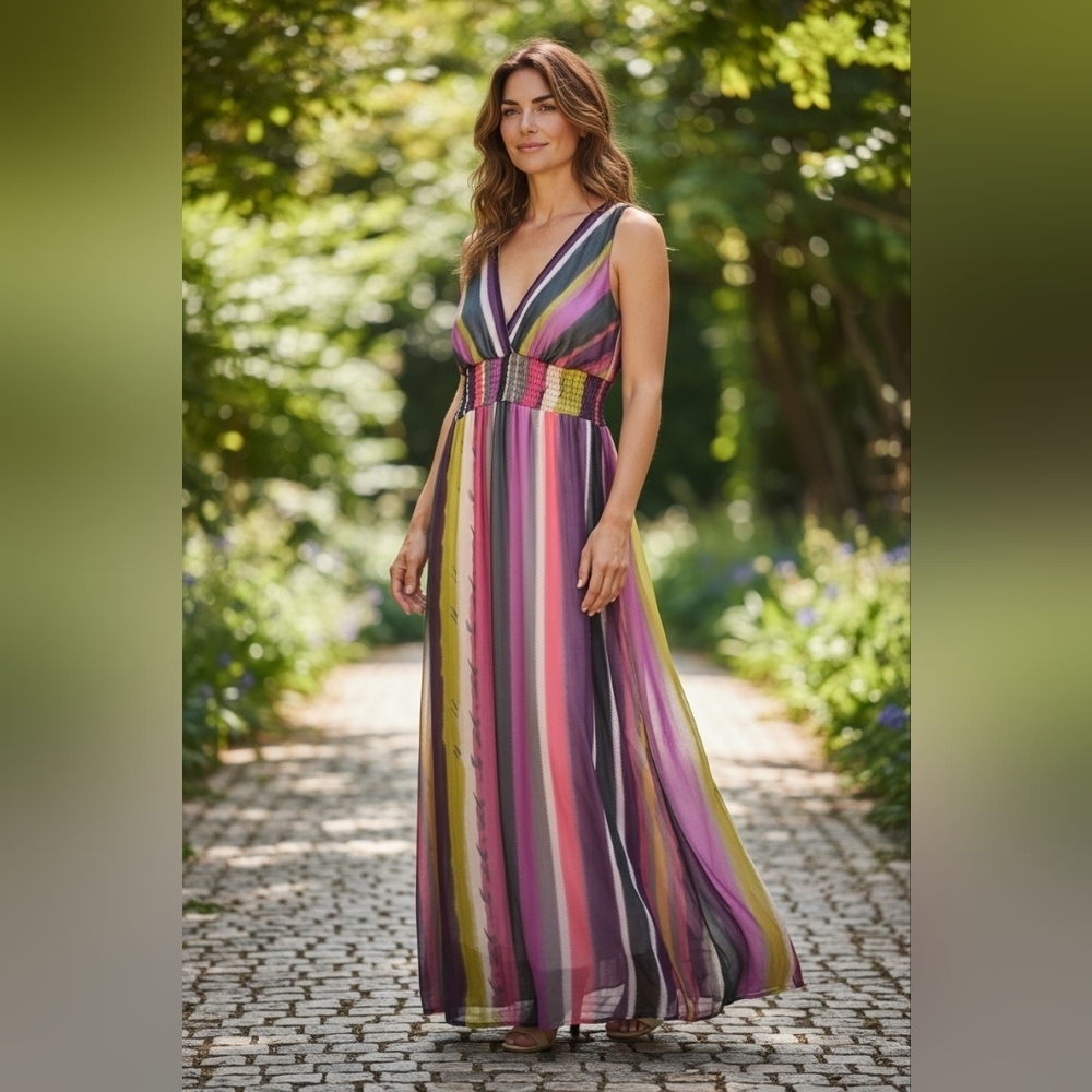 Chaudry Striped V-Neck Maxi Dress in Pink, Purple & Green Sz Large